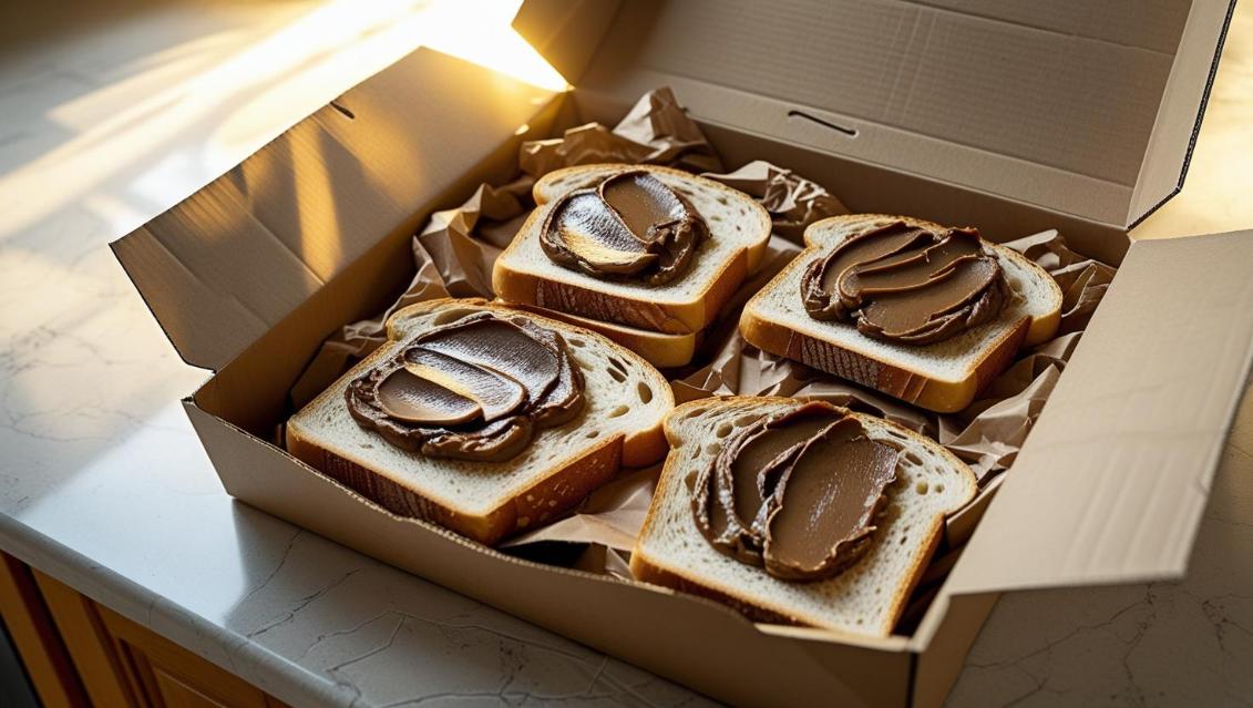 Unboxed Vegemite jars nestled in packing paper on sunlit kitchen counter.