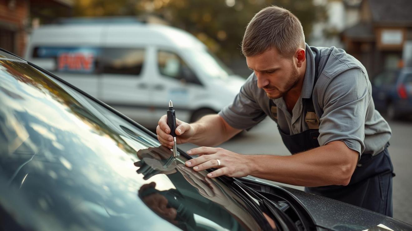 Auto technician repairs windshield carefully outside shop under bright hopeful morning sunlight.