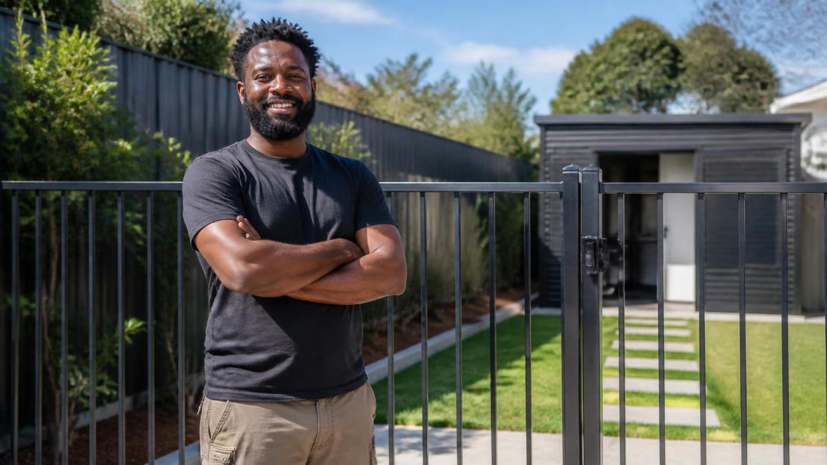 A home business owner checks a new aluminium fence outside their workshop.